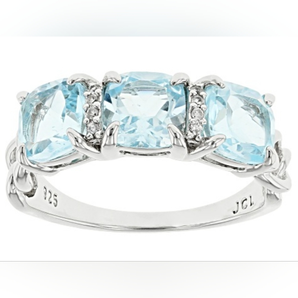 Genuine Sky Blue Topaz & White Zircon Ring Platinum over Sterling Silver Sz 8.5